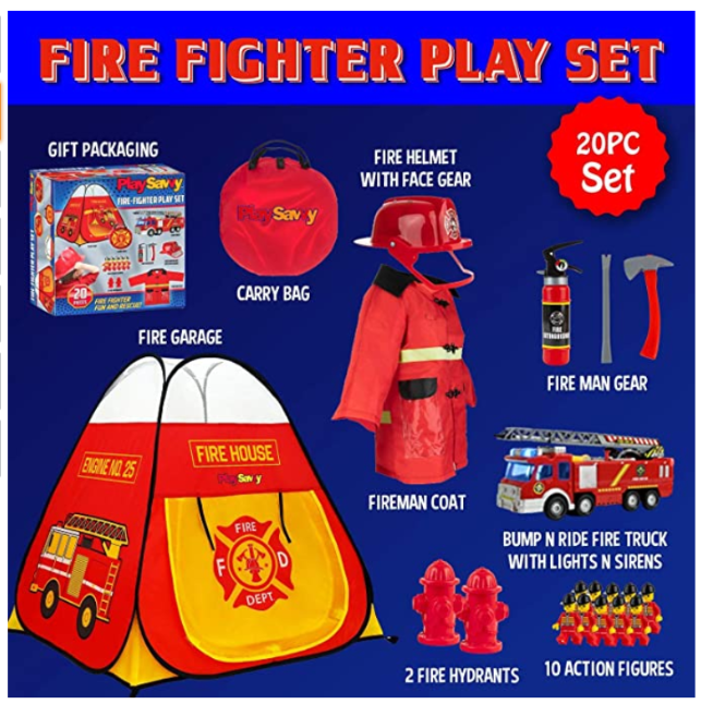 PlaySavvy Pop Up Play Tent & Pretend Fireman Costume for Kids, Toddlers, Boys, Girls