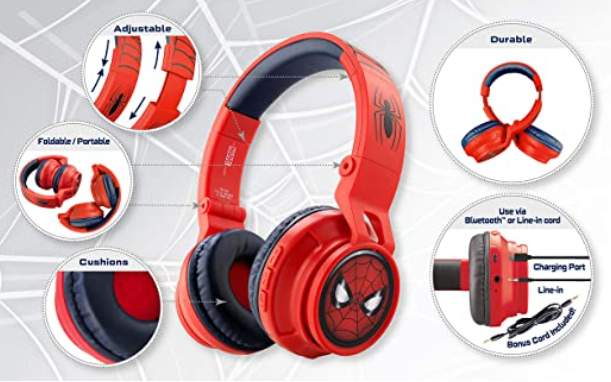 Kids Bluetooth Headphones for Kids Spiderman Far from Home Wireless Rechargeable Foldable Bluetooth Headphones with Microphone Kid Friendly Sound and Bonus Detachable Cord