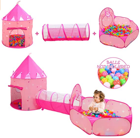 Kids Play Tent for Girls with Ball Pit, Crawl Tunnel, Princess Tents for Toddlers